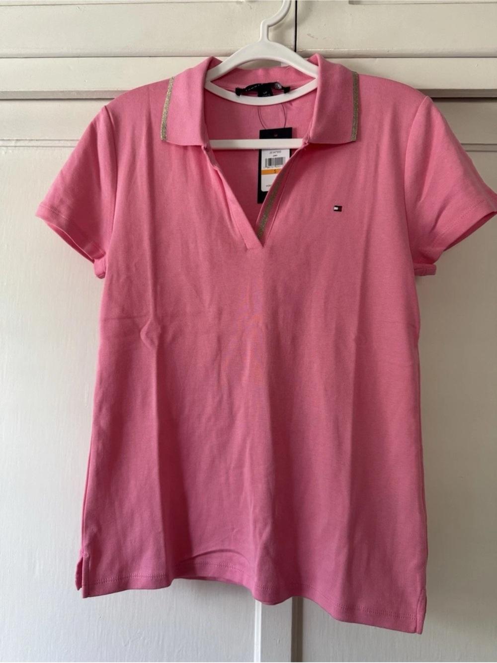 Tommy Hilfiger Women's Pink Polo with Metallic Collar Trim Sz S